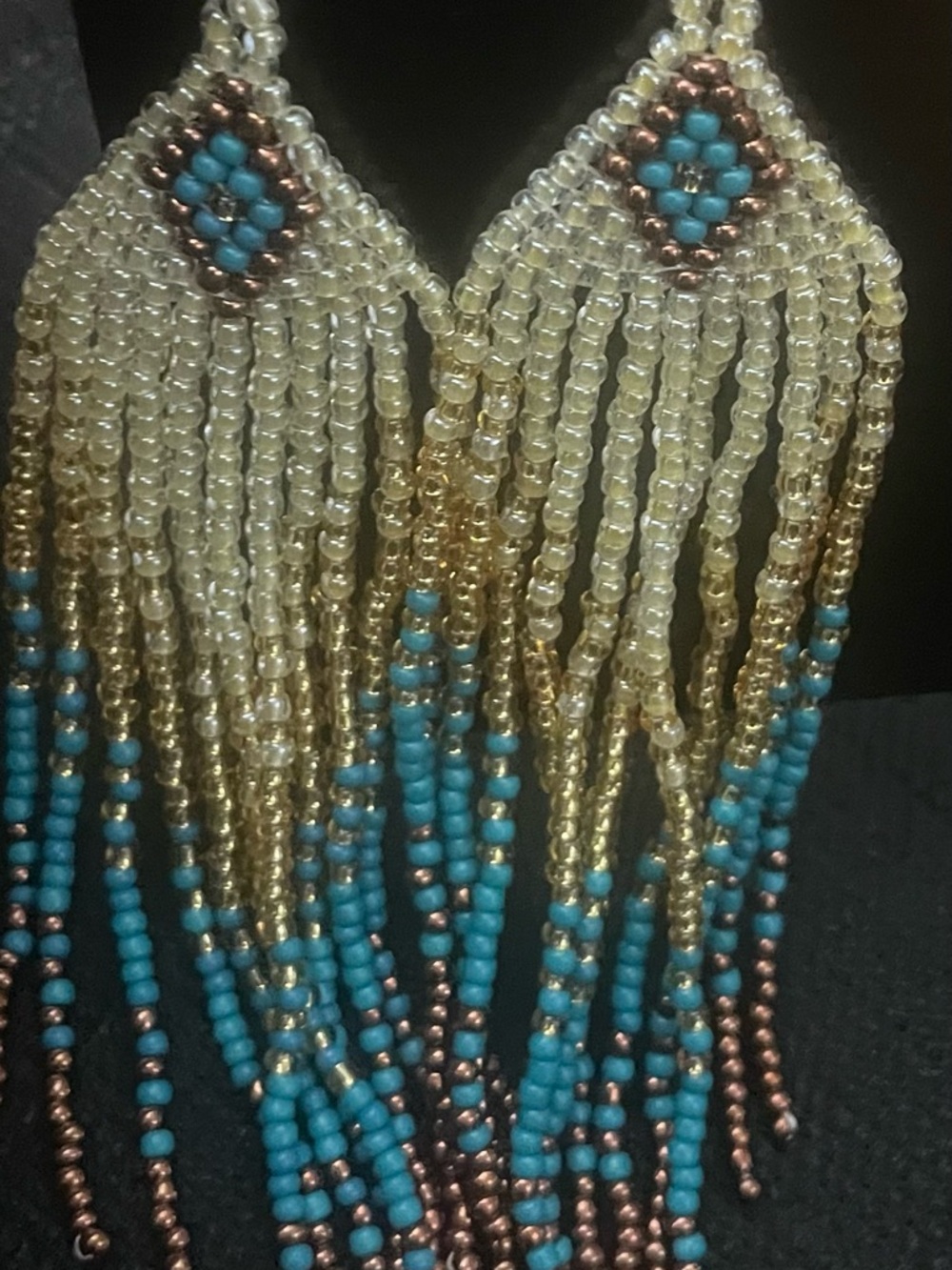 Seed Bead Fringe Drop Earrings - Turquoise & Gold